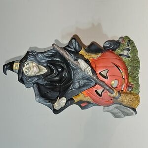 Ceramic Halloween Witch Figurine on Jack O'Lantern Pumpkin